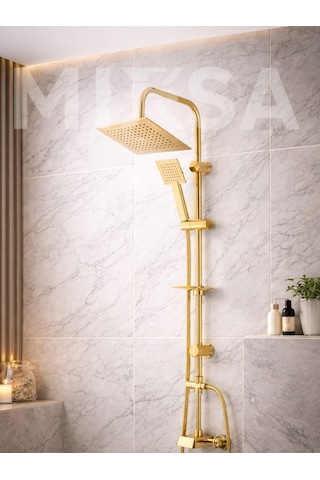 Full Gold Lüx Kare Robot Tepe Duş Seti, Kolay Kurulumlu Altın