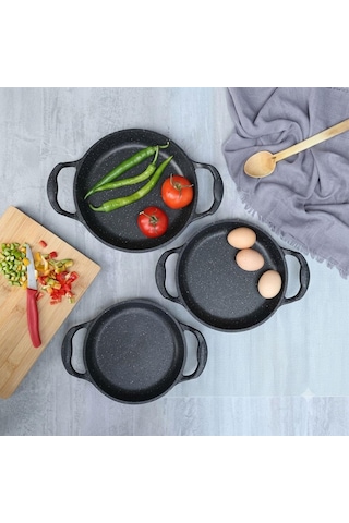 Burak Eda Asya Kapaksız Granit Döküm 3 Parça Sahan Seti 16-18-20 Cm Gri