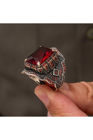 Kırmızı Zirkon Taşlı 925 Gümüş Yüzük Erkek Beyaz