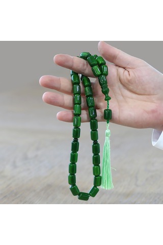 Tesbihane Çubuk Sıkma Kehribar Tesbih - Osmanlı Saray Püsküllü - Maxi Boy - Yeşil - Kapsül Kesim