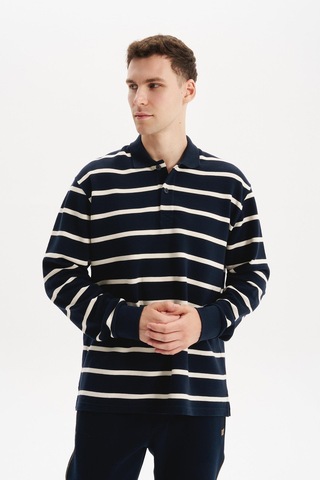 AR-MA Arma Erkek Büyük Beden Çizgili %100 Pamuk Ringel Ottoman Kumaş Polo Yaka Ribanalı Sweatshirt K30554801602 Lacivert