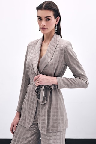 Sateen Kare Desenli Kuşaklı Ceket - Vizon-135790 Vizon