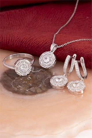925 Ayar Gümüş Rodyumlu Baget Geçişli Zirkon Taşlı Bayan Takı Seti -8242 Gümüş