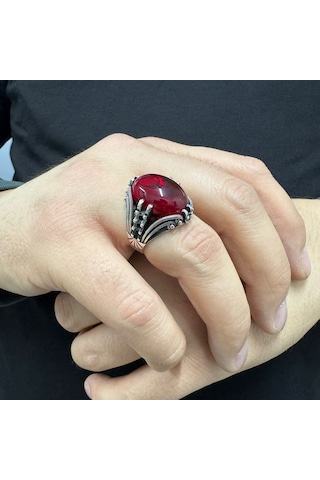 Takılingo 925 Ayar Gümüş Ruby Taşlı Sade Motifli Erkek Yüzük Gümüş