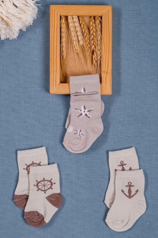 Cocole Socks Erkek Çocuk Soket Çorabı 3 Lü Set Pamuklu Bej Marin & Çapa Desenli Çok Renkli