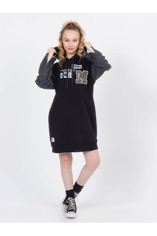 Kız Çocuk Kapüşonlu Kolları Kot Sweat Elbise-13452-siyah Siyah