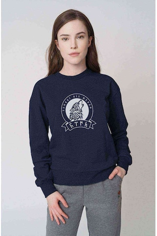 Göktürk Tengri Biz Menen Baskılı Indigo Mavi Kadın Sweatshirt