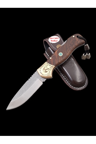 El Yapımı N690 Böhler Çelik Gravürlü Balçıklı Kilitli Yaylı Çakı Açık Kahverengi