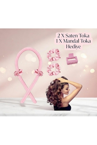 Isısız Saç Şekillendirme Seti Pudrapembe Saten Saç Sosisi %100 Saf Ipek Saten 0