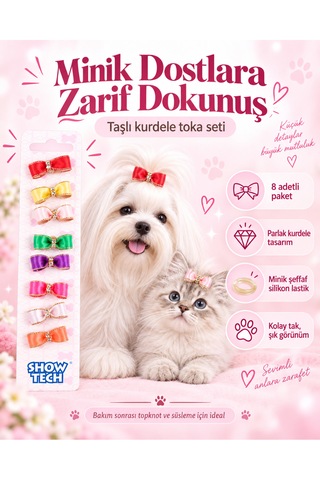Show Tech Molly Sparkle Taşlı Lastikli Kurdele Kedi Köpek Tokası 8 Adetli Paket