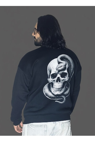 Dark Line Kiss Of The Serpent Sırt Baskılı %100 Pamuk Unisex Siyah Oversize Sweatshirt Siyah