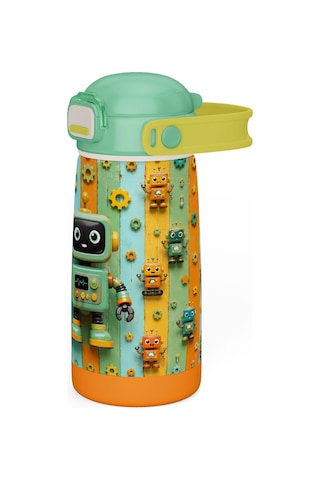 Puccon 420 Ml Erkek Çocuk Yeşil Robot Baskılı Okul Matarası/termosu - 60016 - Sevimli Robotlar