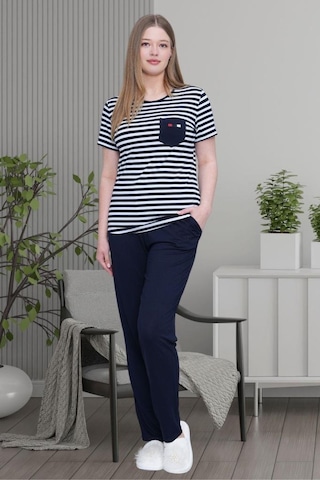 Mecit 6202 Bayan Lacivert Çizgili Büyük Beden Pijama Takımı Lacivert