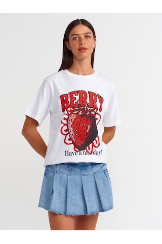 Dilvin Baskılı Bisiklet Yaka T-shirt Beyaz