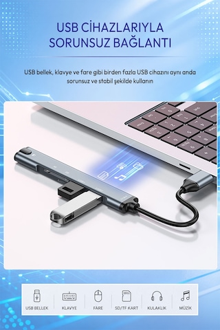 Type-c Çok Fonksiyonlu Hub Adaptör, Usb 2.0 Tf Sd Kart Okuyucu Ve 3.5mm Ses Girişli Otg Çevirici, Telefon Tablet Uyumlu, Klavye Mouse Usb Bellek İçin N806a