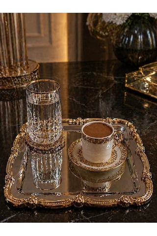 Paslanmaz Çelik Gümüş Üzeri Gold Gül Figürlü Sunum Tepsisi Tek Kişilik Dekoratif Kare Servis Kahve Çay Tepsisi Altın - Gümüş