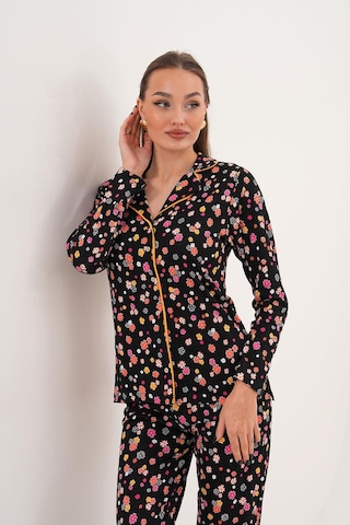 Çift Kaplan Kadın Pamuk Modal Gömlek Yaka Önden Düğmeli Siyah Pijama Takımı 7010 Siyah