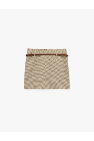 Koton Slim Fit A Kesim Kemer Detaylı Mini Ekose Etek Kahverengi Ekose 6sak70050pw Kahverengi Ekoseli