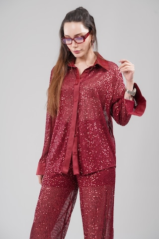 Mayrem Oversize Kesim Pul Payet Gömlek bordo