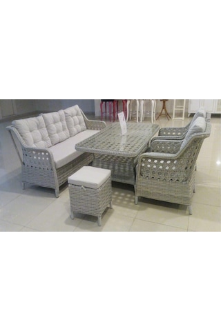 Mobilyabazari Lumars Rattan Bahçe Mobilyası, Bahçe Koltuk Takımı 3 1 1 Masa 2 Puf Krem