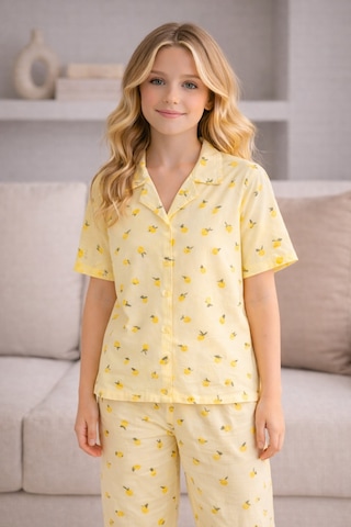 Beka Kids Kız Çocuk Önden Düğmeli Devrik Yaka Kısa Kol Uzun Pantolon Desenli Pijama Takımı Sarı
