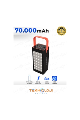 Powerbank 70.000 Mah Güçlü Led Işıklı 22.5w Hızlı Şarj Taşınabilir Batarya 4 Çıkışlı Göstergeli Siyah