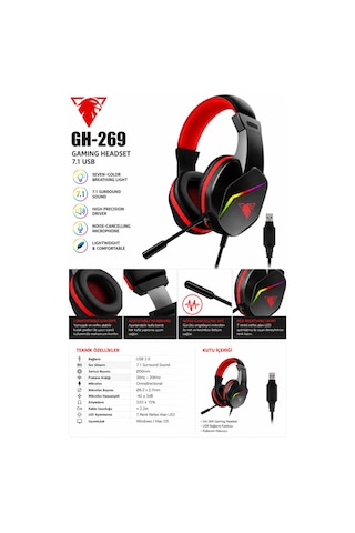 Jedel Gaming Gh-269 7.1 Usb Mikrofonlu Rgb Oyuncu Kulaklığı - Siyah/kırmızı
