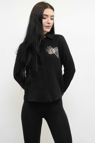 Sevgi Butik Moda Çizgi Taşlı Keten Gömlek Mc2301 Siyah 001