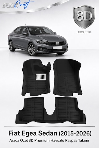 Otocraft Fiat Egea Sedan 2015-2026 Araca Özel 8d Havuzlu Oto Paspas Takımı Siyah Tam Set 3 Parça
