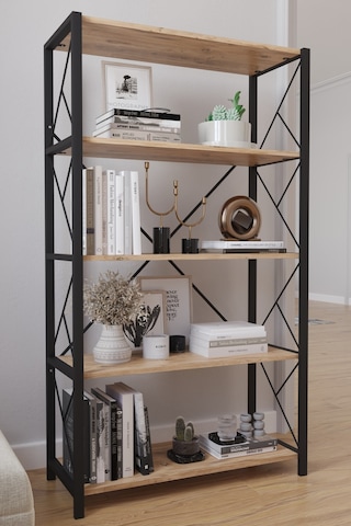 5 Raflı Geniş Kitaplık Dekoratif Metal Ayaklı Ofis Rafı 160x90