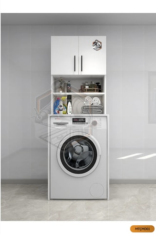 Tamamı Mdf Açık Raflı ve Kapaklı Çamaşır Makinesi Dolabı Beyaz