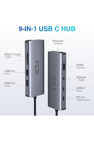 Inca Itpc-10tx Type-c Hub + Hdmı 4k 60hz+ethernet Rj45 1000mbps+2