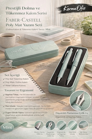 Faber-castell Poly Mat Yazım Seti Mint Dolma Kalem & Xb Tükenmez Kalem + Metal Kutu Diğer