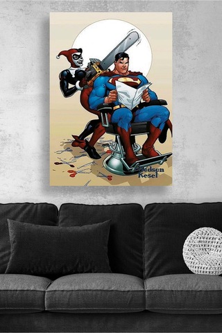 Superman Ve Harley Quinn Mizahi Çizgi Roman Sahnesi Eğlenceli Renkli Tasarım Kanvas Duvar Tablosu