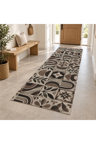 Kartela Halı Kahve Terakota Siyah Krem Koridor Mutfak Yolluk Halısı Kaymaz Taban 80x240 Cm