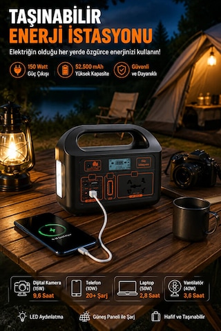 Taşınabilir Güç İstasyonu 150w 52.500 Mah Power Station Ac Priz, Usb Ve Dc Çıkışlı, Güneş Panelli Uyumlu