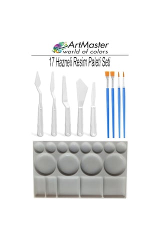 Plastik 17 Hazneli Resim Paleti Masaüstü 5 Li Plastik Spatula Ve Resim Fırçası 1 Paket Palet Bıçağı Seti Ressam Sanat