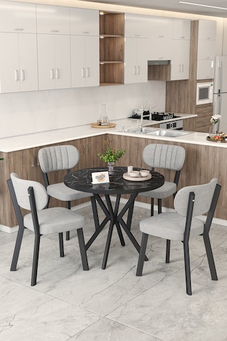 Gnr 90cm Sabit Siyah Mutfak Masası Takımı, Yemek Masası, 4 Modern Gri Sandalye Gri