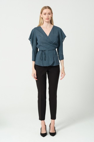 V Yaka Bağcıklı Kol Detaylı Bluz Petrol Mavi