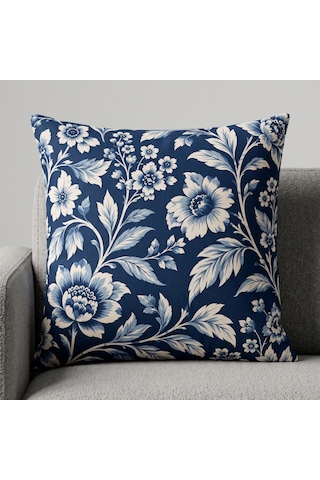 4'lü Lacivert Krem Desenli Dekoratif Kırlent Kılıfı Seti - 43x43 Cm Çift Taraflı Lacivert - Krem