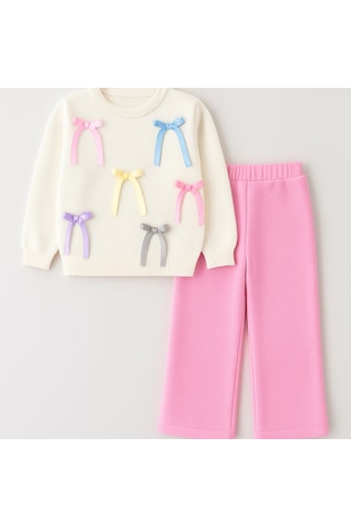 Kız Çocuk Aplike Fiyonk Detaylı Triko Alt Üst Takım 2 Parçalı Takım Fiyonk