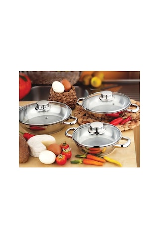 Gülsan 6 Parça Cam Kapaklı Paslanmaz Çelik Omlet Tencere Seti 16 Cm, 18 Cm, 20 Cm