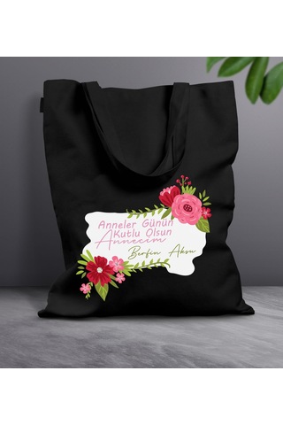 Bk Gift Kişiye Özel İsimli Anneler Günü Tasarımlı Siyah Kumaş Bez Çanta, Baskılı Omuz Çantası, Alışveriş Çantası, Anneler Günü Hediyesi, Anneye Hediye-6