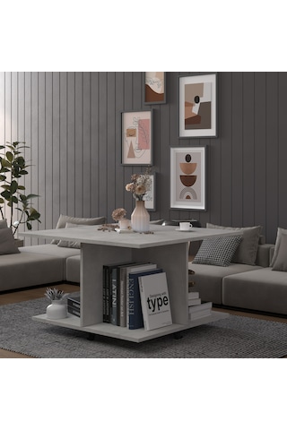 Asra Trend Kare Orta Sehpa OS002 %100 MDF Tekerlekli 4 Bölmeli Raf Takımı Retro Taş