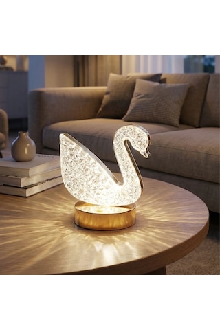 Kuğu Model Kristal Led Masa Lambası Dokunmatik, 3 Renk Işık Modlu, Şarjlı Mini Dekoratif Gece Lambası 5570 Beyaz
