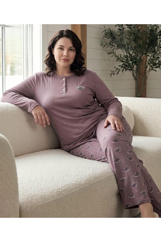 Lana Kadın Battal Pamuk Likralı Raporlu İnterlok Kışlık Pijama Takımı 245/11 - 1 Adet Mürdüm