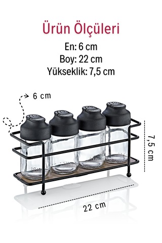 Ahşap Tabanlı Metal Standlı 4 Lü Cam Baharatlık Seti