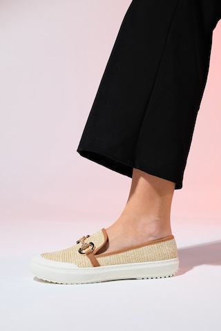 Luvishoes Barcelos Bej Hasır Tokalı Kadın Loafer Ayakkabı Bej