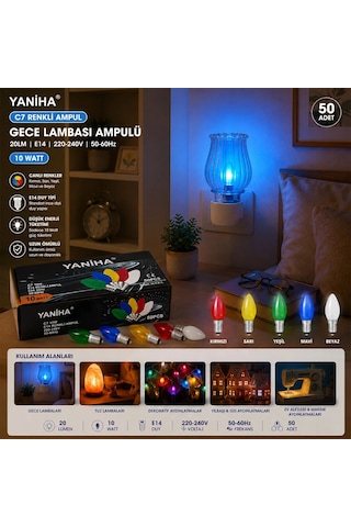 50 Adet Mix Renkli Gece Lambası Ampul E14 - 10w C7 5468 Çok Renkli