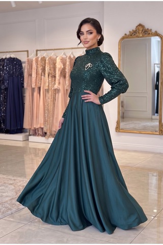 Dorne Moda Üstü Pul Paletli Altı Saten Kloş Detaylı Mezuniyet Ve Nişan Abiye Elbise Yeşil Yeşil